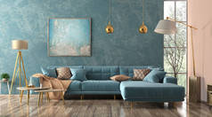 客厅里有蓝色沙发 3d 渲染的内部