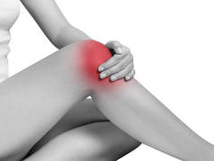 膝部疼痛，关节疼痛的女人。 单音高亮膝盖隔离在白色背景。 保健和医疗概念