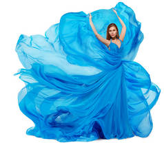 女子蓝衣、时尚模特儿在长浪下起舞
