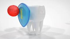 隐藏在盾牌后面的人类牙齿的3d插图。保健、治疗和预防的理念。3d 渲染在白色背景上隔离。牙膏广告图片.
