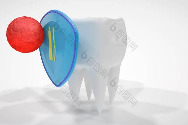 隐藏在盾牌后面的人类牙齿的3d插图。保健、治疗和预防的理念。3d 渲染在白色背景上隔离。牙膏<strong>广告图</strong>片.
