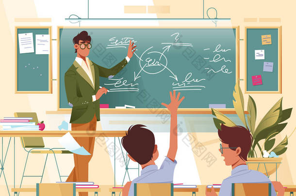 平男教师戴眼镜在学校课上与小学生一起工作.
