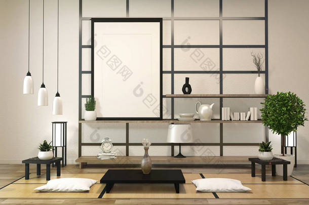 简约的现代禅宗客厅，带木地板和装饰 japa