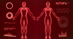 抽象男人和女人全息图上的红色背景3D渲染。Hud 元素、X 射线机身、机器人、数字数据和雷达接口集,适用于未来科幻接口