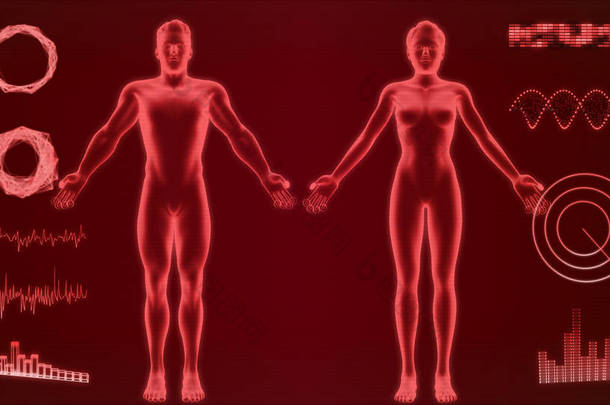 抽象男人和女人全息图上的红色背景3D渲染。Hud <strong>元素</strong>、X 射线机身、机器人、数字数据和<strong>雷达</strong>接口集,适用于未来科幻接口