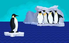 企鹅关于冰川全球变暖的明亮插图