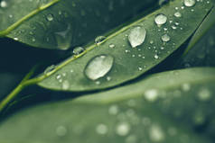 绿叶上透明雨水滴合。博蒂