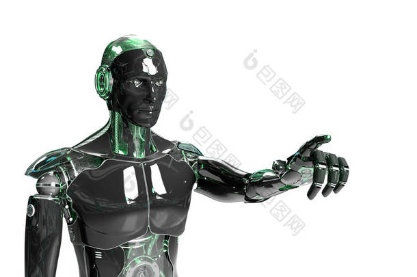黑色和绿色智能机器人机器人机器人指着惠特