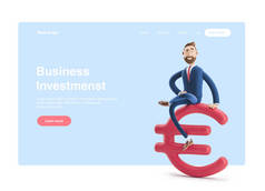 3d 插图。商人比利与大欧元标志。网页横幅、起始网站页面、信息图表、业务投资概念.