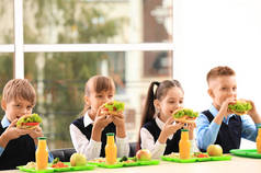 快乐的孩子在学校食堂午餐吃健康食品