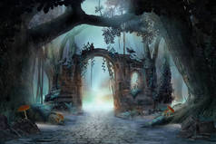 拱门在迷人的童话森林景观，迷雾暗的心情，可以用作背景