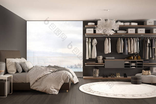 豪华白色和灰色现代卧室，配有双人床和步入式衣柜、镶木地板、带冬季全景的全景窗户、地毯、pouf、简约的建筑室内设计