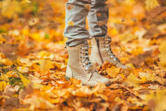 秋天。那个女孩正在公园里散步。鞋在秋天的树叶。走在秋天的公园里。生活方式.