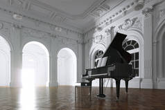 黑色大钢琴在白色经典房间3D渲染