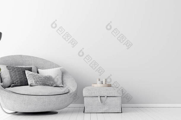 家用内饰<strong>灰色</strong>沙发和白色墙壁<strong>造型</strong>，斯堪的纳维亚风格，3D渲染