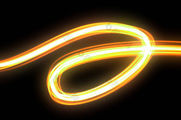 光波涡旋与霓虹灯光迹自旋,橙色<strong>黄色闪光</strong>痕迹效果. 车灯发光，光纤螺旋和神奇的强光，能量耀斑在黑色<strong>背景</strong>上旋转