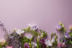 紫罗兰色背景下美丽花朵的顶视图，有复制空间