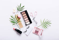 Set of professional decorative cosmetics, makeup tools and accessory on white background. Beauty, fa