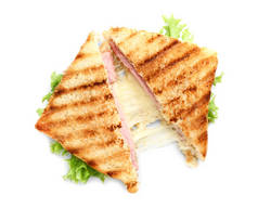 Tasty sandwiches with cheese and ham on white background