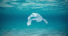 Ocean pollution concept, plastic bag floating in the water at the coral reef with copy space