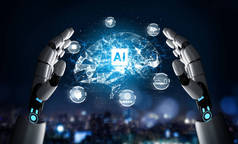 3D渲染未来机器人技术的发展、人工智能人工智能和机器学习的概念。全球机器人生物科学研究促进人类生活的未来.