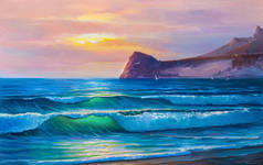 早上在海上，波浪上，插图上，油画画在帆布上.