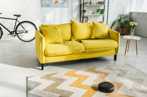 现代客厅沙发附近机器人吸尘器洗涤地毯的选择焦点
