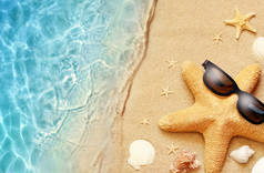 夏季沙滩背景。戴着太阳镜和大海的海星夏季概念.