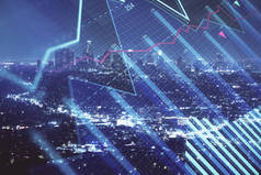 金融图上夜市景观与高楼背景多重曝光。分析概念.