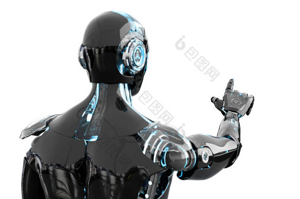 黑色和蓝色智能机器人机器人手指指向白色背景3D渲染