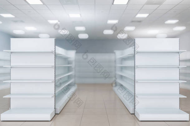 廉价<strong>打折超市</strong>内部背景模糊的两排食品货架的3D特写图像