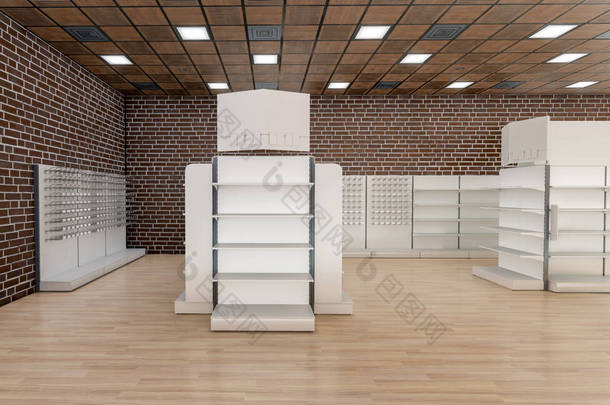 高档超级市场内部装有顶盖、塞子和钩子的杂货店货架的3D图像侧视图