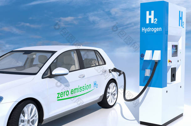 加油站燃油分配器上的<strong>氢</strong>气标识.h2无排放环保型运输燃烧发动机。3d渲染