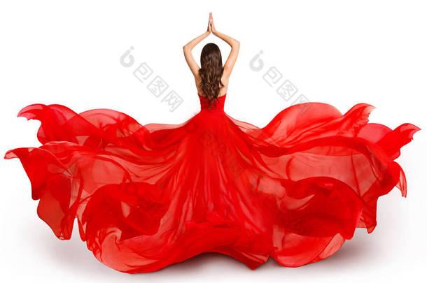 风中飘扬的红色飞衣女装后背、白衣飘扬的时尚模特