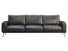 现代三座沙发。黑色皮革沙发，金属腿白色背景。世纪中叶，现代，阁楼，查莱特，斯堪的纳维亚内陆。3D渲染