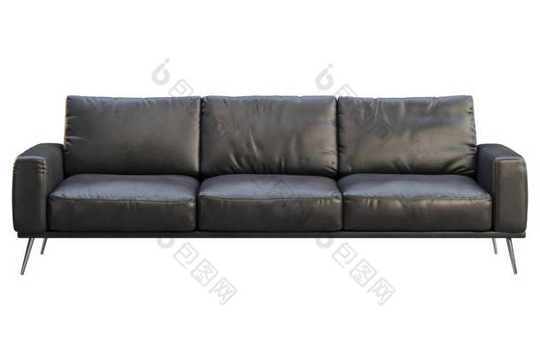 现代三座沙发。黑色皮革沙发，金属腿白色背景。世纪中叶，现代，阁楼，查莱特，斯堪的纳维亚内陆。3D渲染