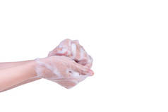 在白色背景上隔离的洗手步骤指令。使用液体肥皂的亚洲年轻妇女，保护大流行性结肠炎的概念，特写.