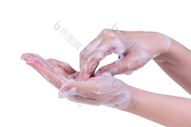 在白色背景上隔离的洗手步骤指令。使用液体肥皂的亚洲年轻妇女，保护大流行性<strong>结肠炎</strong>的概念，特写.