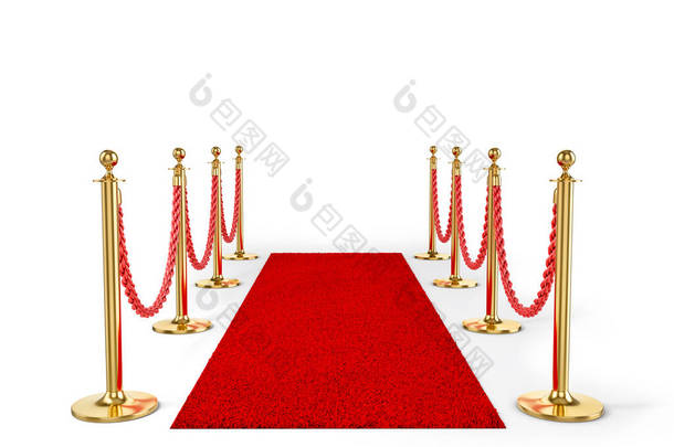 用红色地毯隔离在白色背景上的绳索栅<strong>栏</strong>。3d<strong>说明</strong>