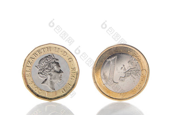 一枚面值为伊丽莎白女王二世的一英镑<strong>硬币</strong>，放在一枚1欧元<strong>硬币</strong>的边缘上，背景是白色的，上面有倒影