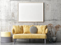 在客厅里模仿海报斯堪的纳维亚式设计，舒适沙发，3D插图，3D渲染