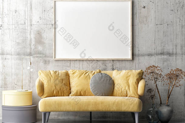在客厅里模仿<strong>海报</strong>斯堪的纳维亚式设计，舒适沙发，3D插图，3D渲染