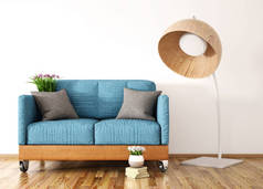 带有沙发、灰色枕头、带有落地灯的蓝色沙发、 3D渲染的现代客厅室内设计