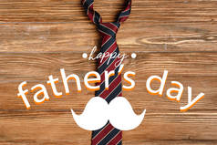 男式条纹面料领带的顶视图木制背景，快乐的父亲节插图