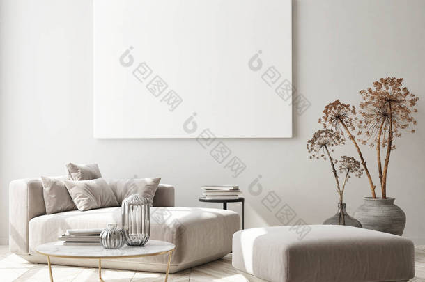 模拟<strong>海报</strong>框架在现代室内背景, 客厅, 斯堪的纳维亚风格, 3d 渲染, 3d 插图
