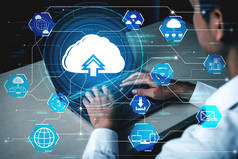 云计算技术和在线数据存储为企业网络的概念.计算机连接到Internet服务器服务，用于三维未来主义图形界面中的云数据传输.