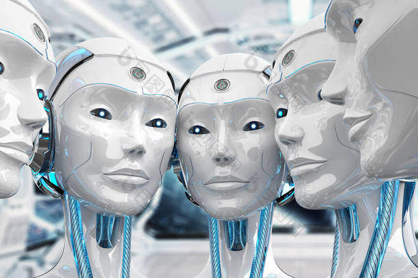 一组女性机器人彼此头靠得很近机器人军团概念3D渲染