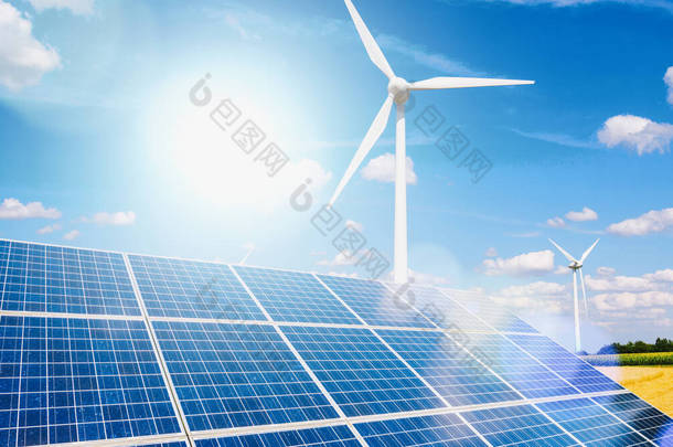 太阳能电池板<strong>和风</strong>力涡轮机发电是太阳能<strong>和风</strong>能的混合发电厂系统站使用可再生能源发电与蓝天