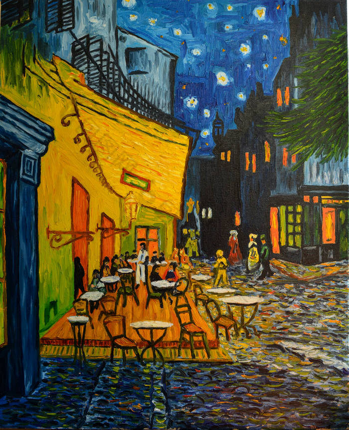 在帆布上画油画。免费复制，取材自Vincent Van Gogh的名画- - Forum Square的Cafe Terrace, Arles, 1888.