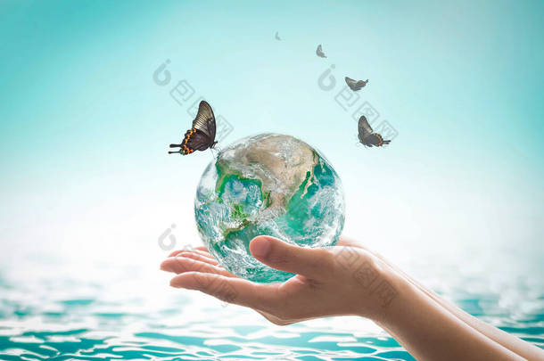<strong>世界海洋日</strong>，节水运动，妇女手中拿着蓝海背景绿土的可持续生态生态系统概念：NASA提供的这一图像的要素